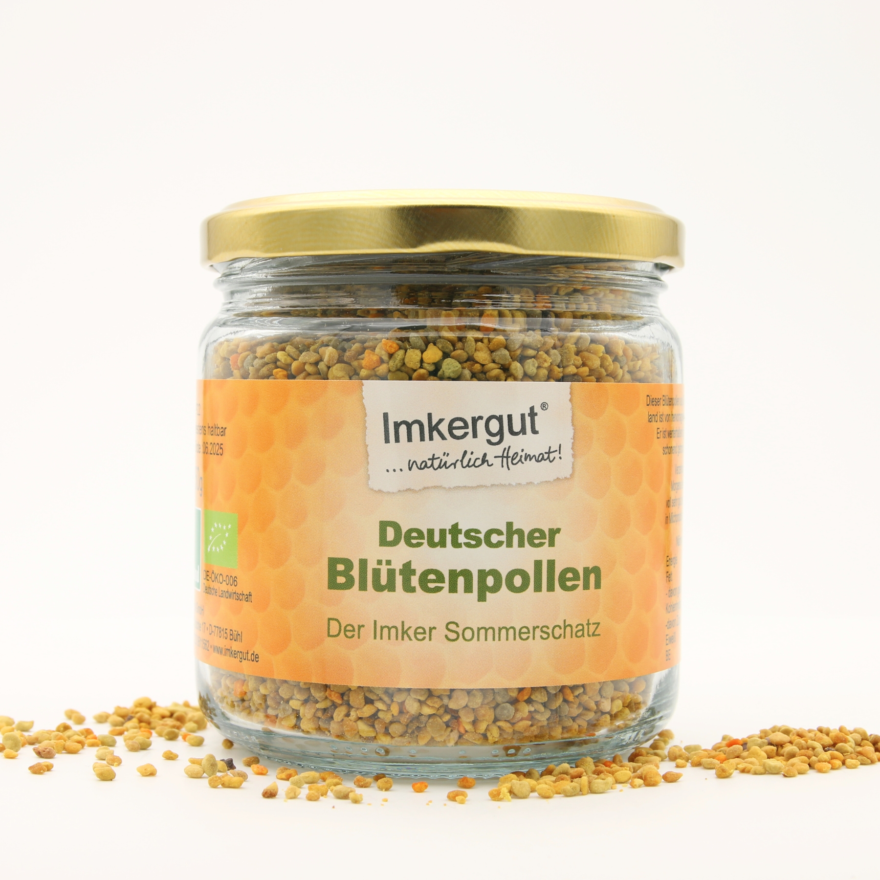 Deutscher Bio Blütenpollen im Glas mit verstreuten Pollen