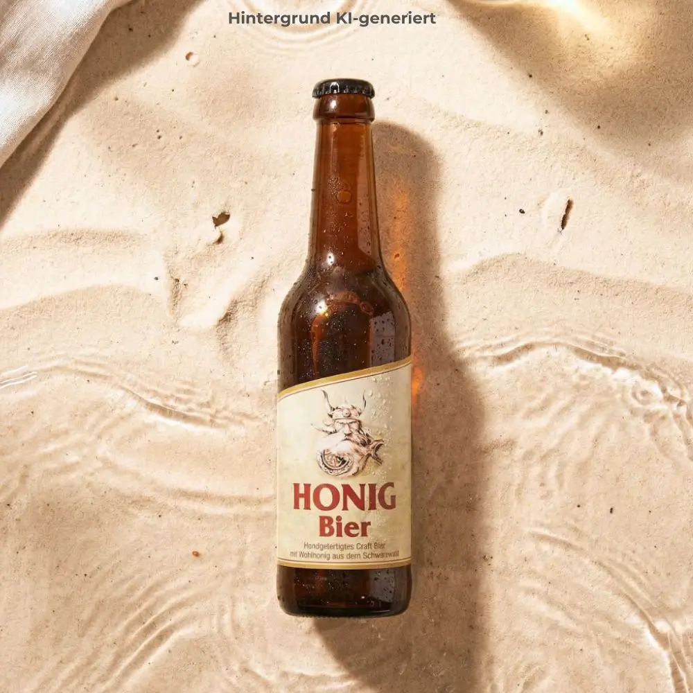 Eine Flasche Honigbier liegt im Sand