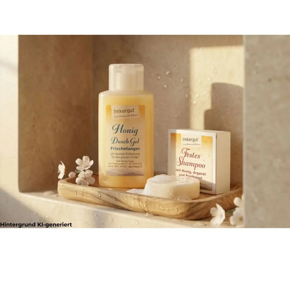Honig Duschgel und festes Shampoo von Imkergut stehen auf einer Holzablage in einer Dusche aus Naturstein, dekoriert mit Kirschblüten und Wassertropfen.