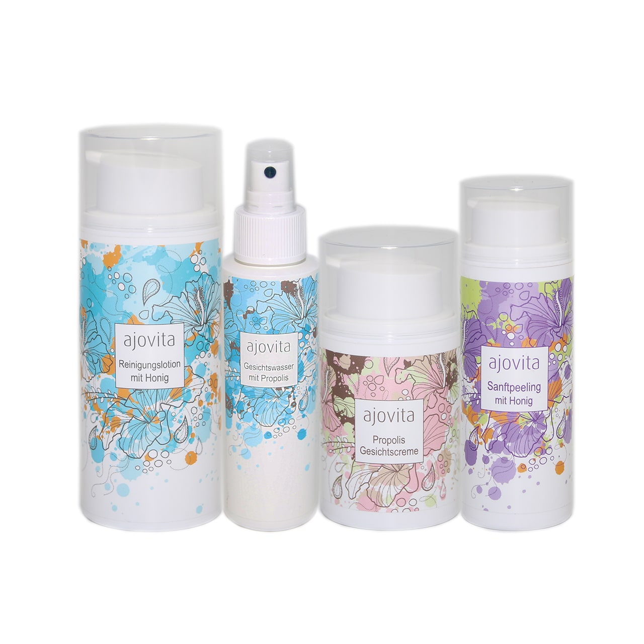 Set aus Gesichtscreme, Peeling, Reinigungslotion und Gesichtswasser