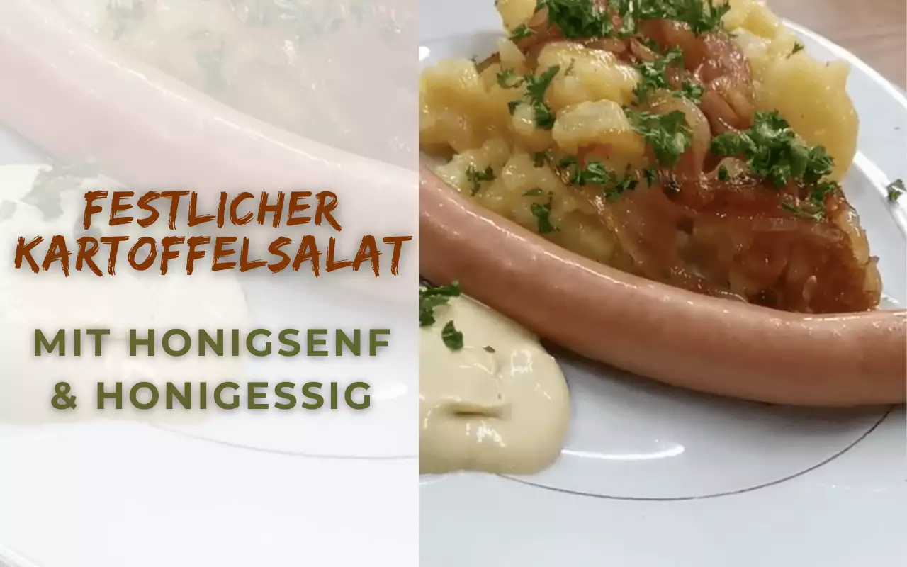 Ein Teller mit Kartoffelsalat, Wienerle und Senfsauce