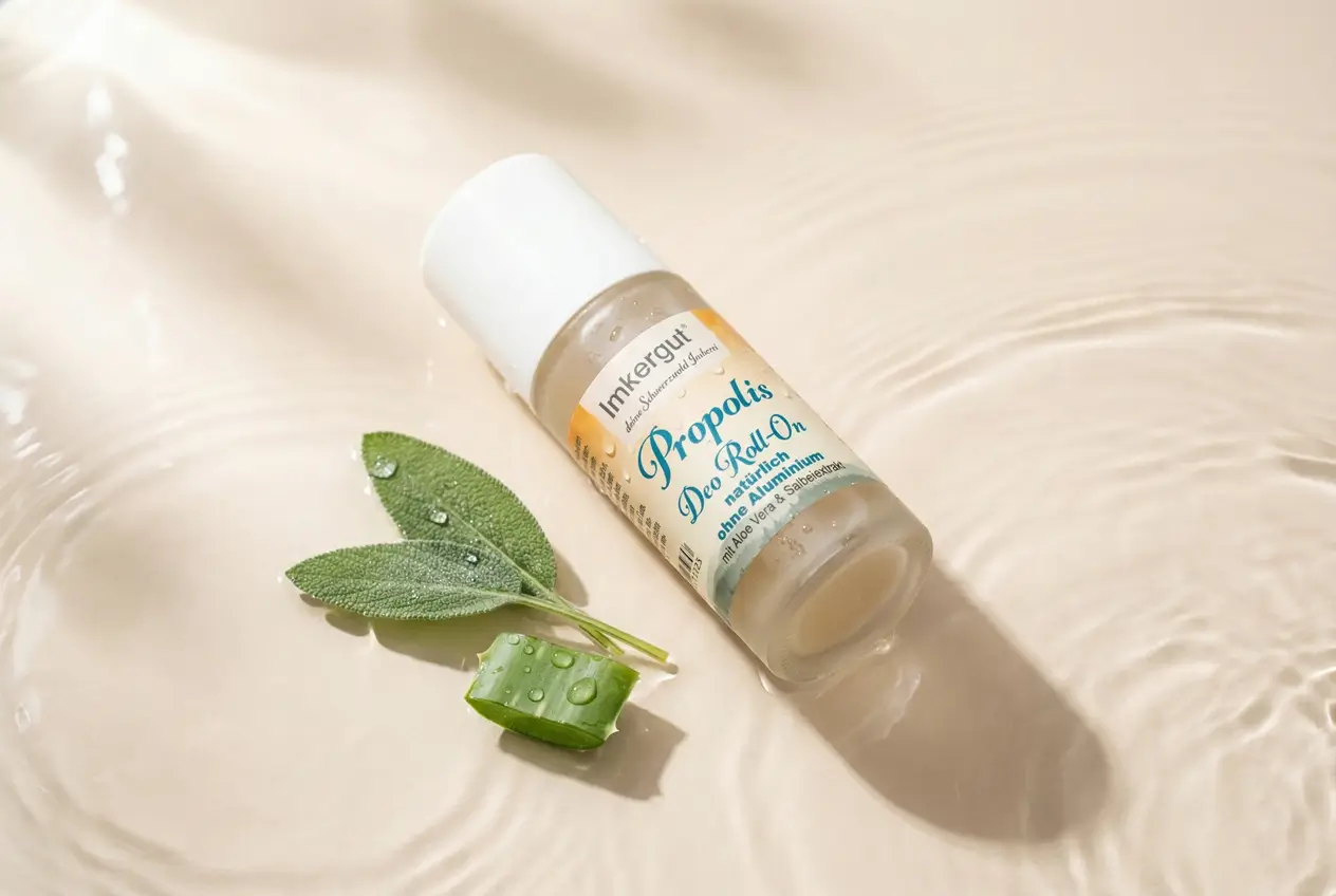 Ein Propolis-Deo-Rollon liegt im Wasser, daneben zwei Salbeiblätter und ein Stück Aloe Vera