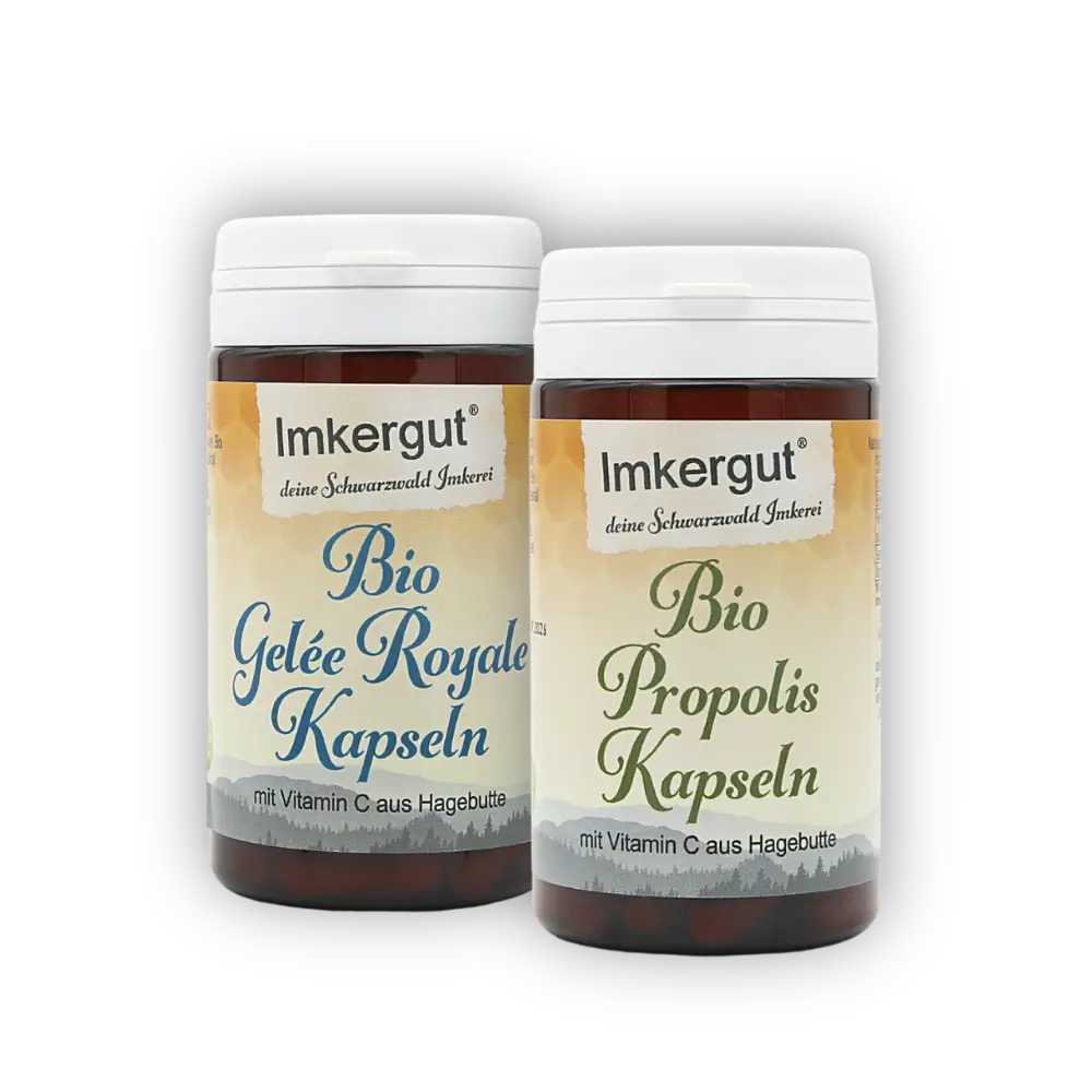 Gelée Royale Kapseln und Propolis Kapseln nebeneinander im Set