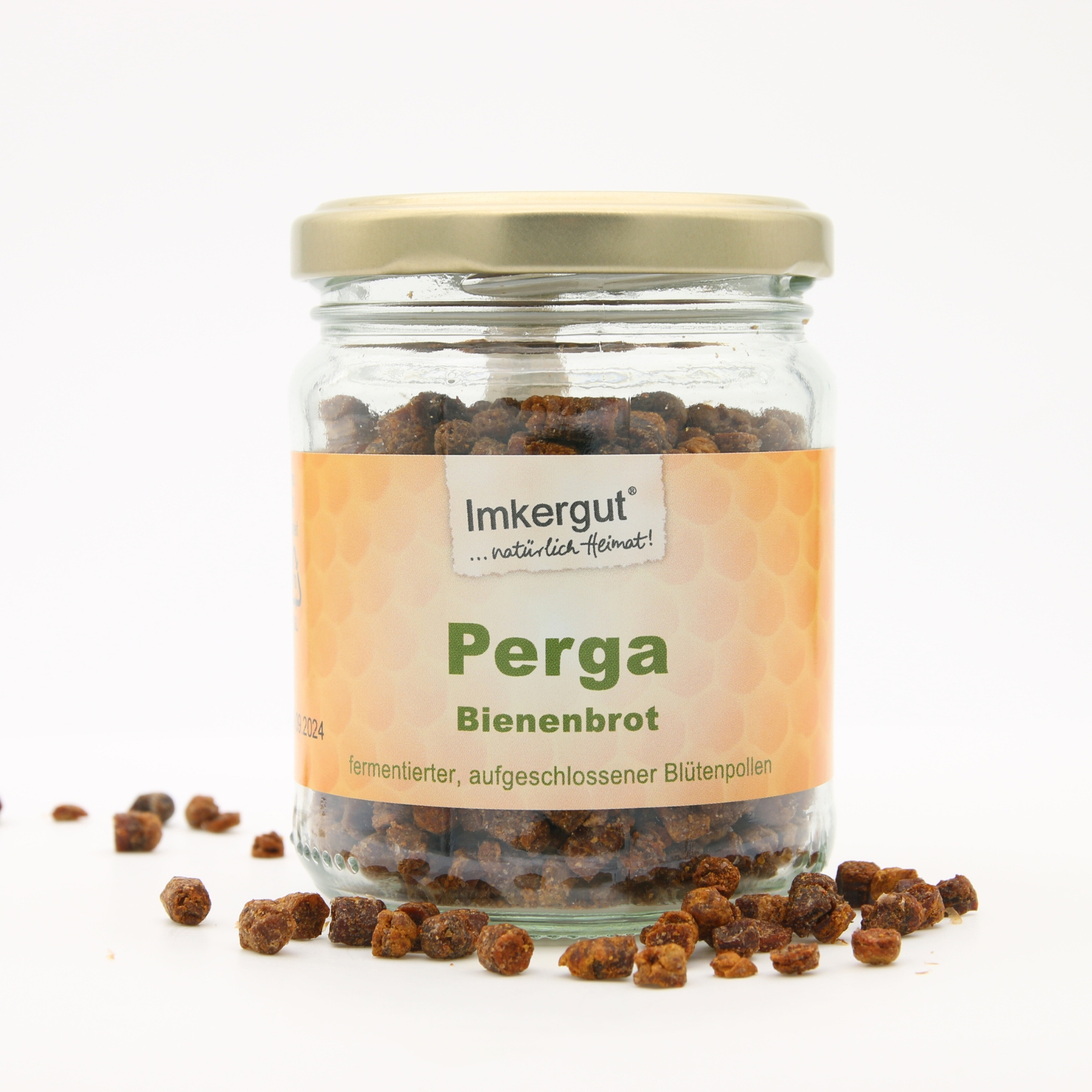 Perga Bienenbrot 100g Glas mit verstreutem Perga