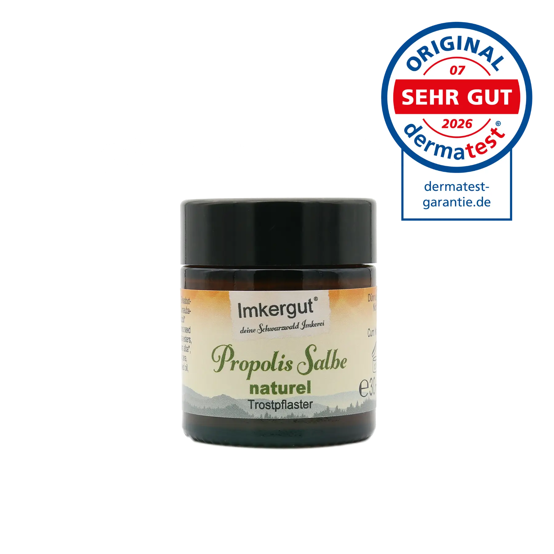 Ein Tiegel Propolis-Salbe, daneben das "Sehr gut"-Siegel von Dermatest