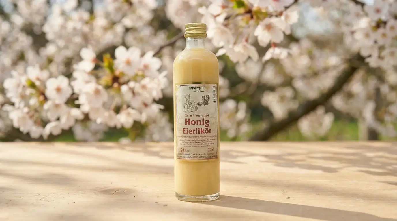 Eine Flasche Honig-Eierlikör vor frühlingshaftem Hintergrund
