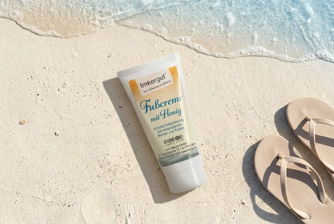 Eine Tube Fußcreme und ein paar Flipflops liegen am Strand