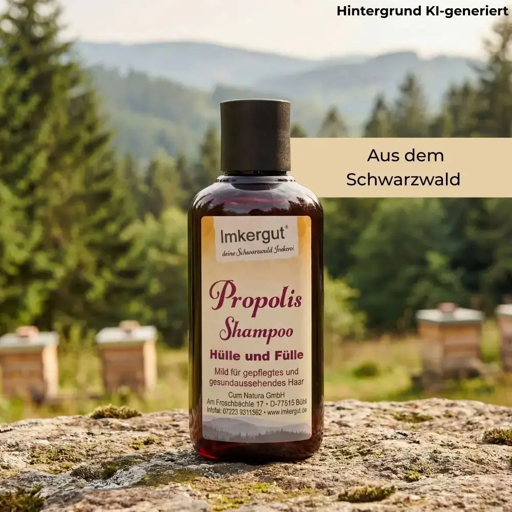 Eine Flasche Propolis Shampoo steht auf einem Stein vor einer Schwarzwaldkulisse mit Bäumen und Bienenstöcken, im Bild steht der Text „Aus dem Schwarzwald“