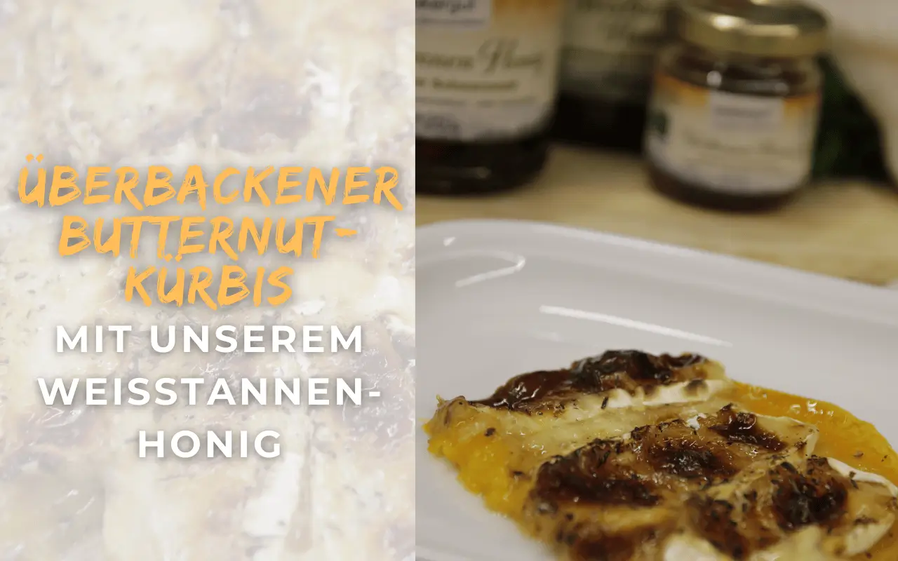 Überbackener Butternut-Kürbis in Scheiben mit geschmolzenem Camembert, Thymian und Honig