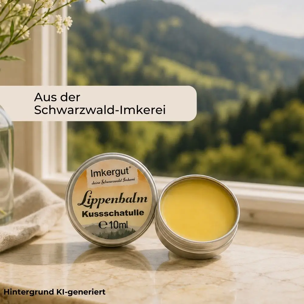 Imkergut Lippenbalsam Kussschatulle vor einem Fenster mit Blick auf den Schwarzwald und natürlicher Dekoration.