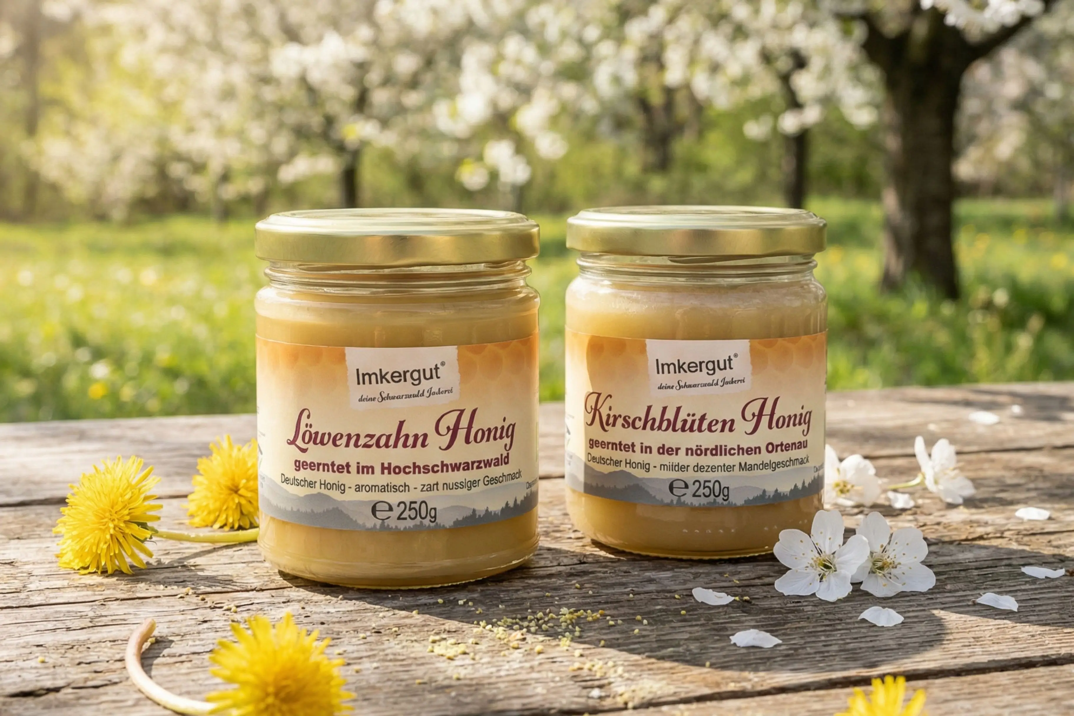 Ein Glas Löwenzahnhonig und ein Glas Kirschblütenhonig auf einem Holztisch draußen