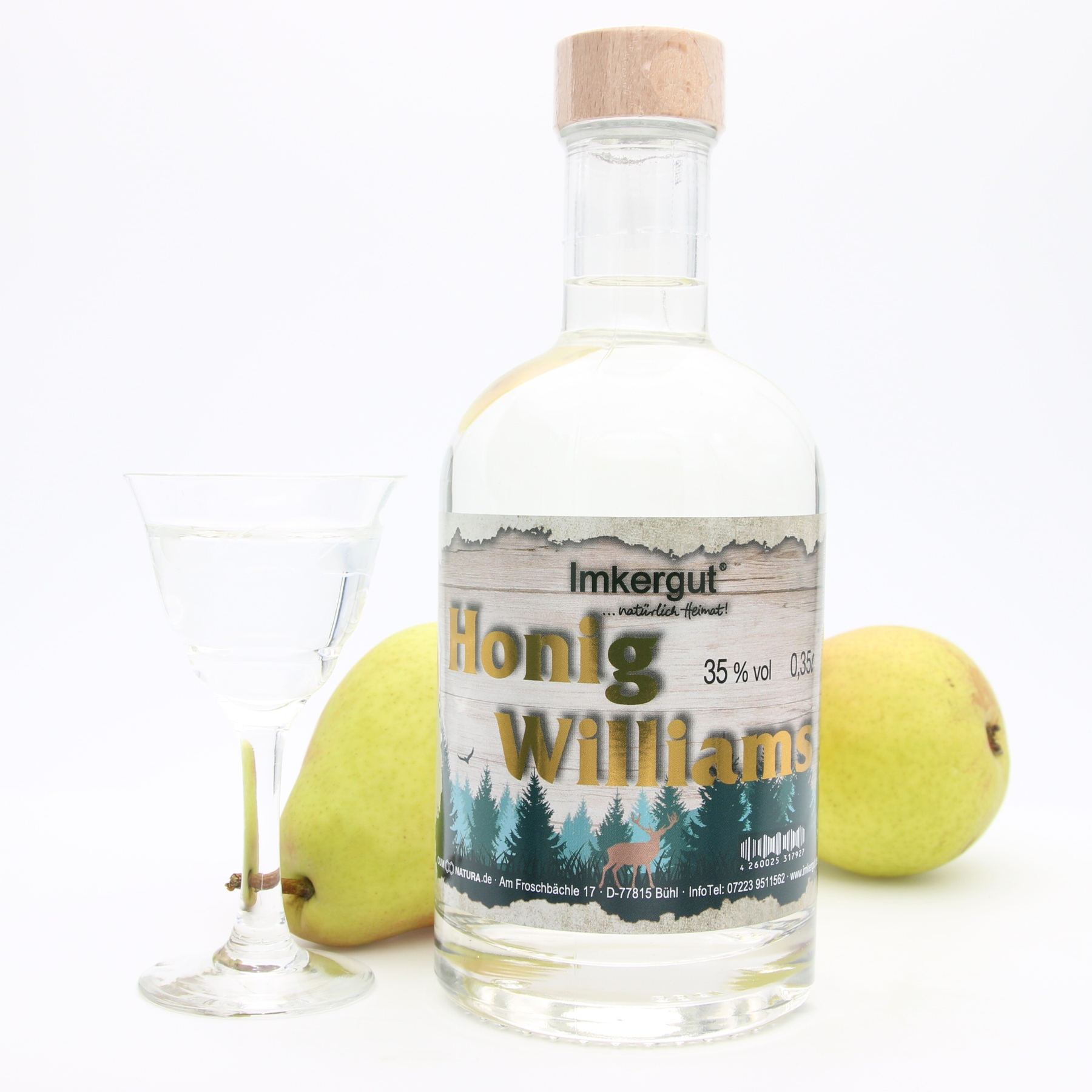 Honig Williams 0,35 l Flasche mit Birnen und Glas