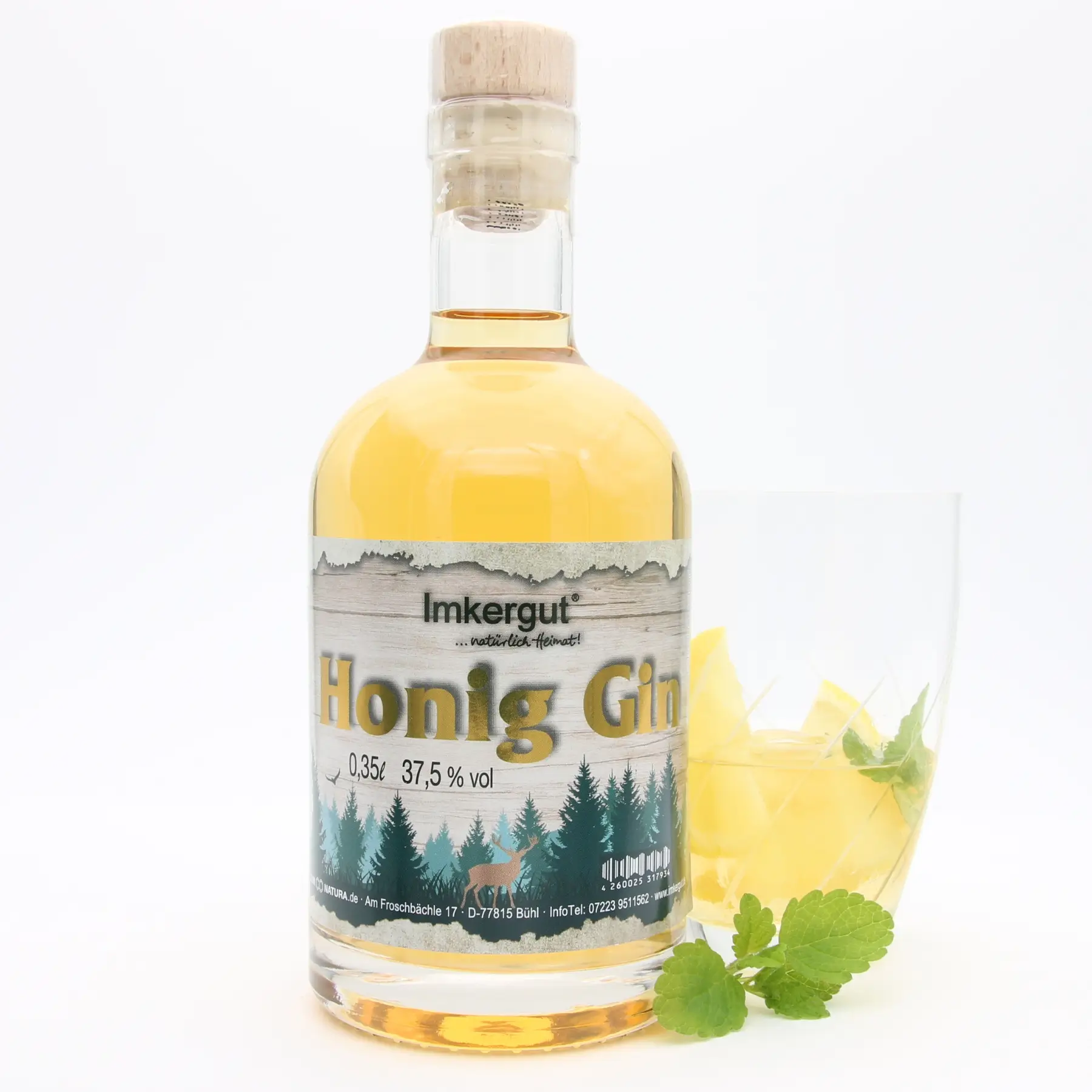 Honig Gin 350 ml mit Glas und Minze