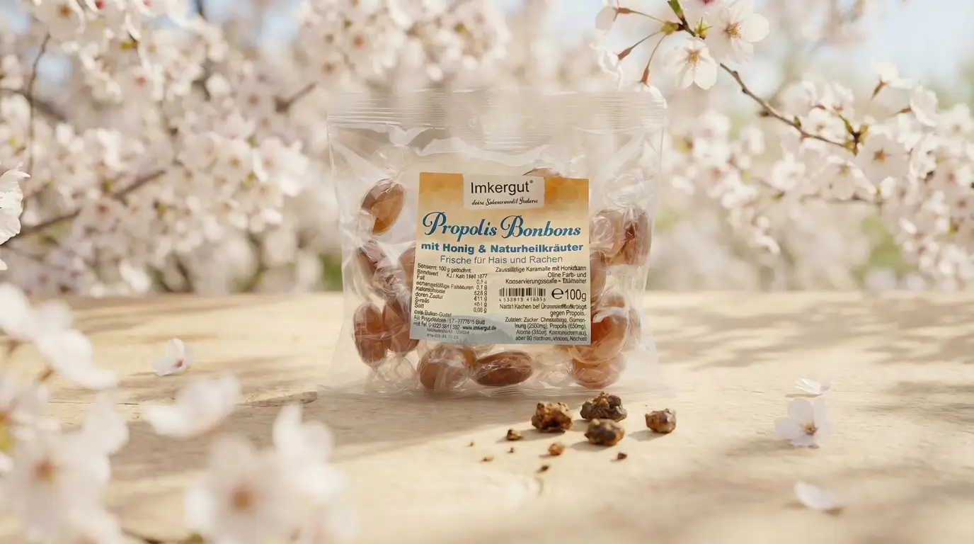 Propolis-Bonbons auf einem Holztisch vor blühenden Kirschbäumen
