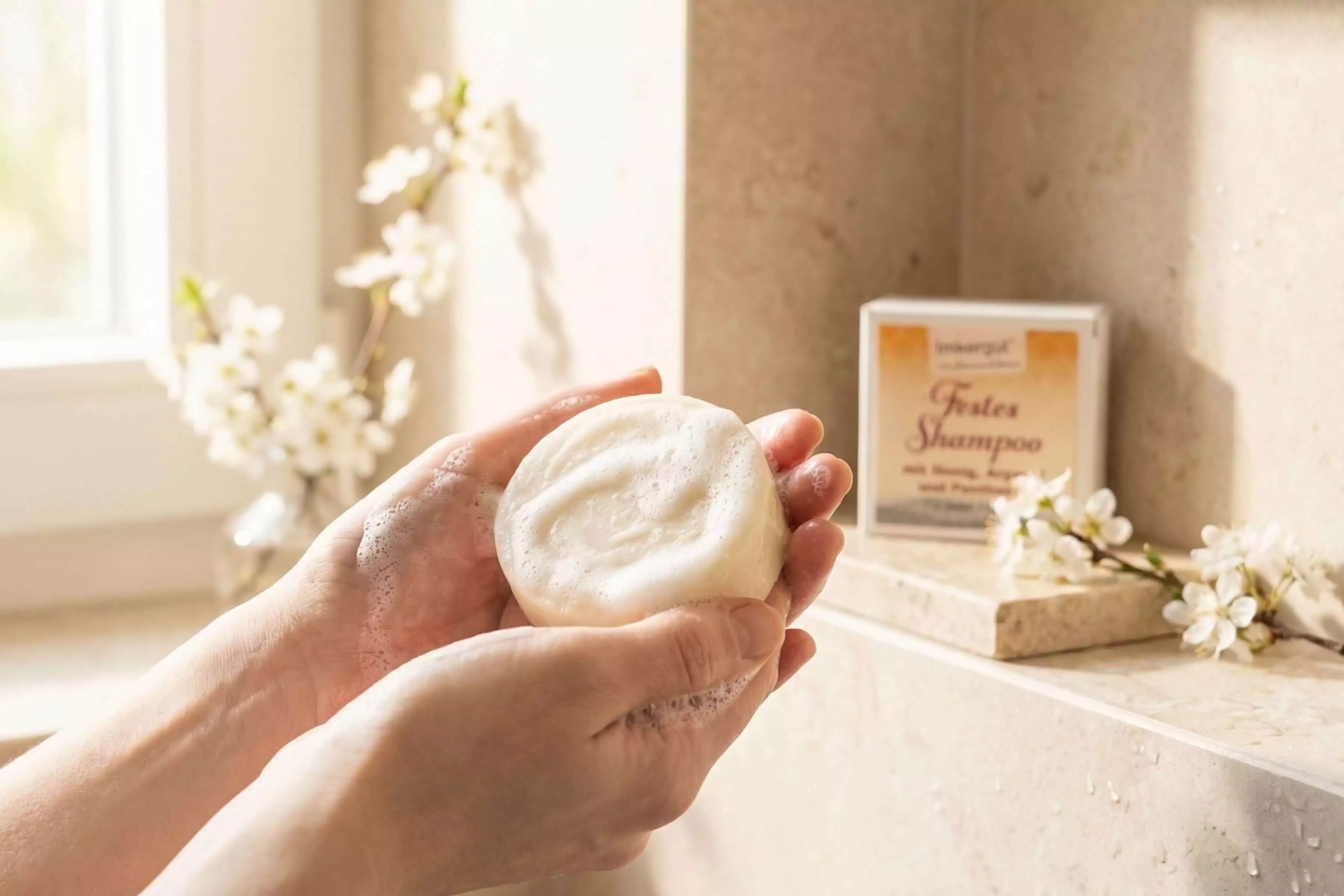 Festes Shampoo in der Hand schäumt auf  im Vordergrund. Im Hintergrund steht eine Verpackung des Shampoos und dekorative Kirschzeige