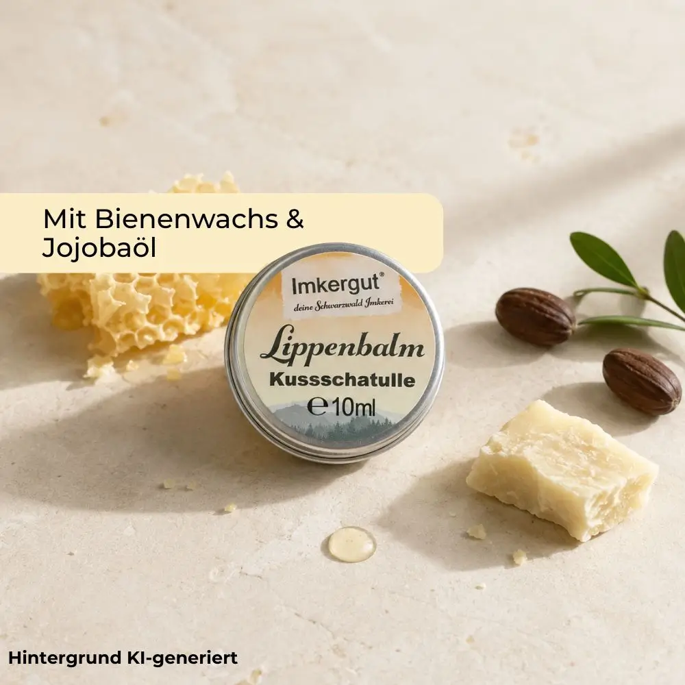 Imkergut Lippenbalsam Kussschatulle mit Bienenwachs, Jojobaöl, Kakaobutter und pflegenden Inhaltsstoffen auf hellem Untergrund.