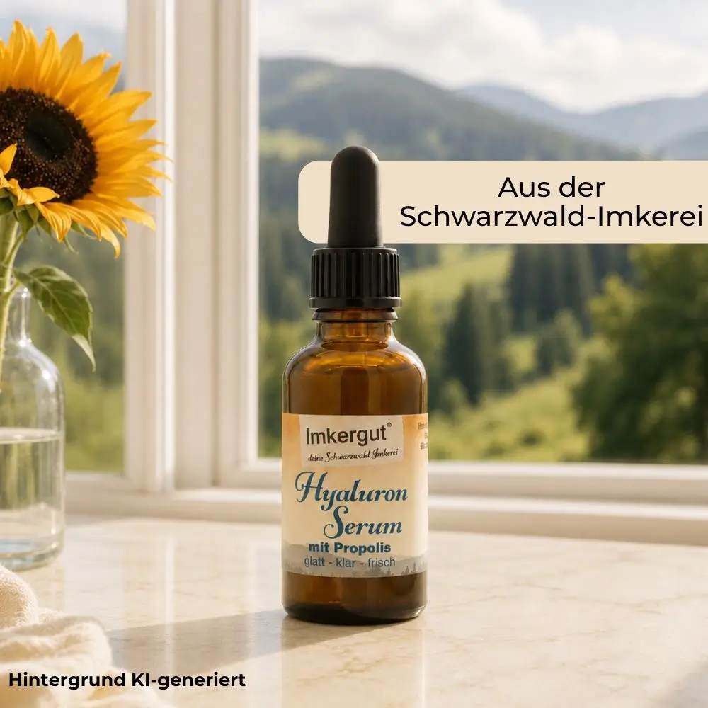 Imkergut Hyaluron Serum mit Propolis vor Schwarzwald-Landschaft und Sonnenblume am Fenster