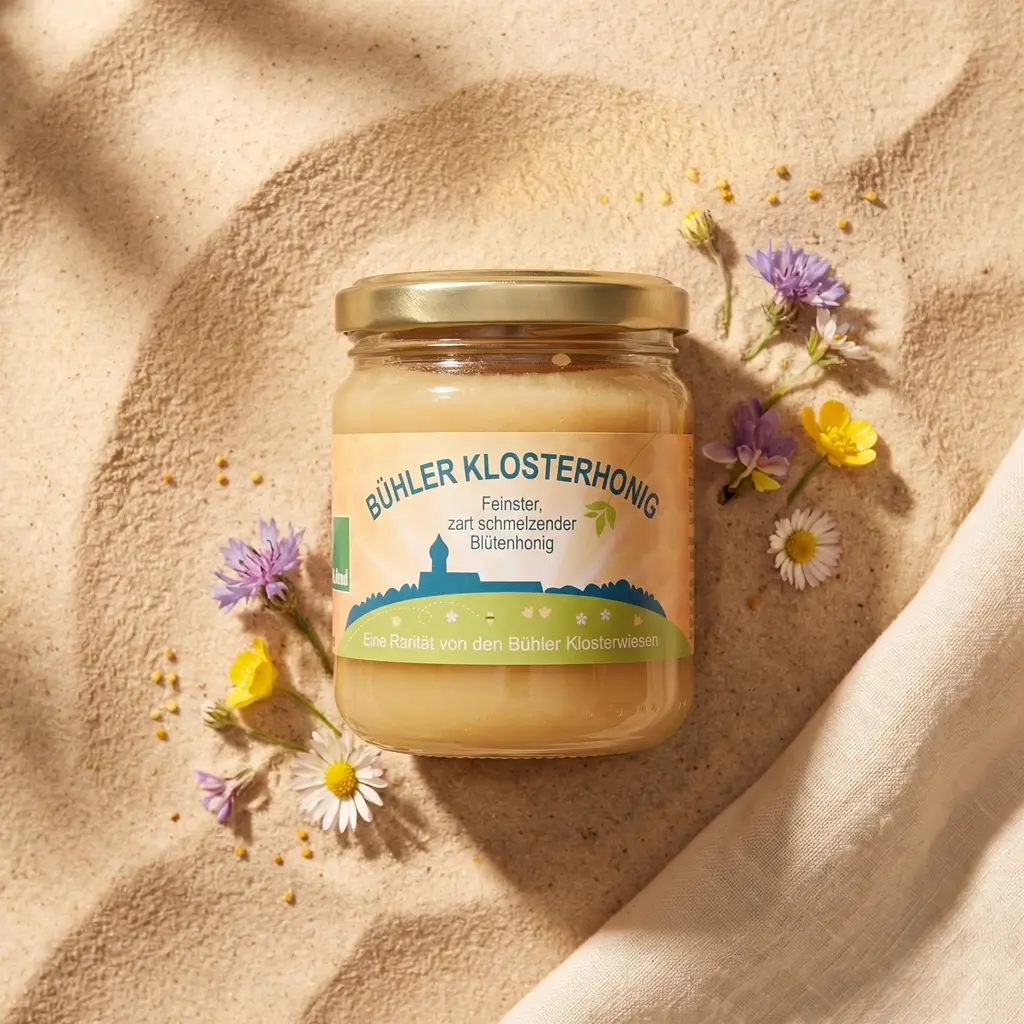 Ein Glas Bühler Klosterhonig liegt im Sand umgeben von Sommerblüten