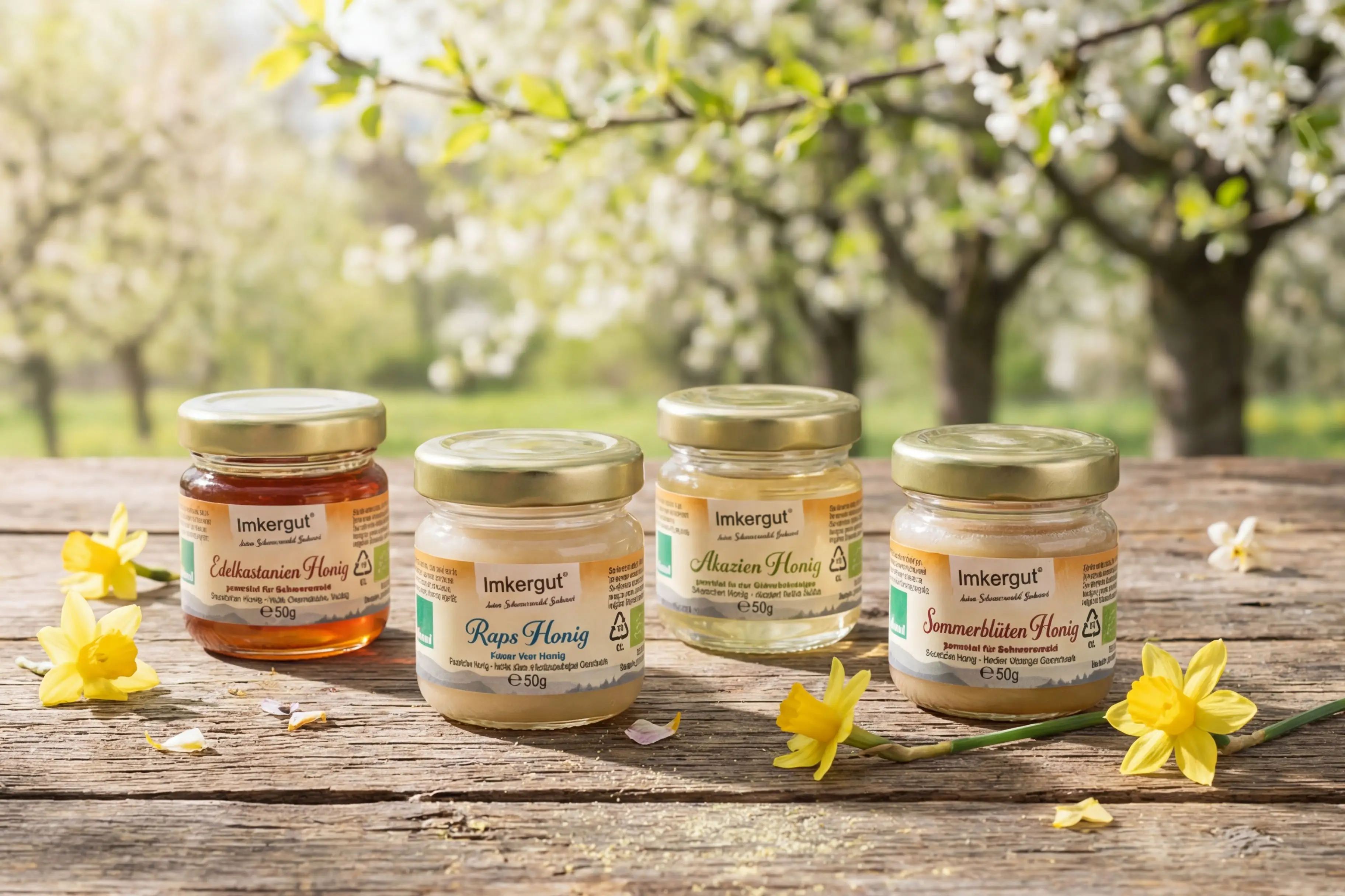 Vier kleine Honiggläser auf einem Holztisch,, dekoriert mit Osterglocken und blühende Bäume im Hintergrund