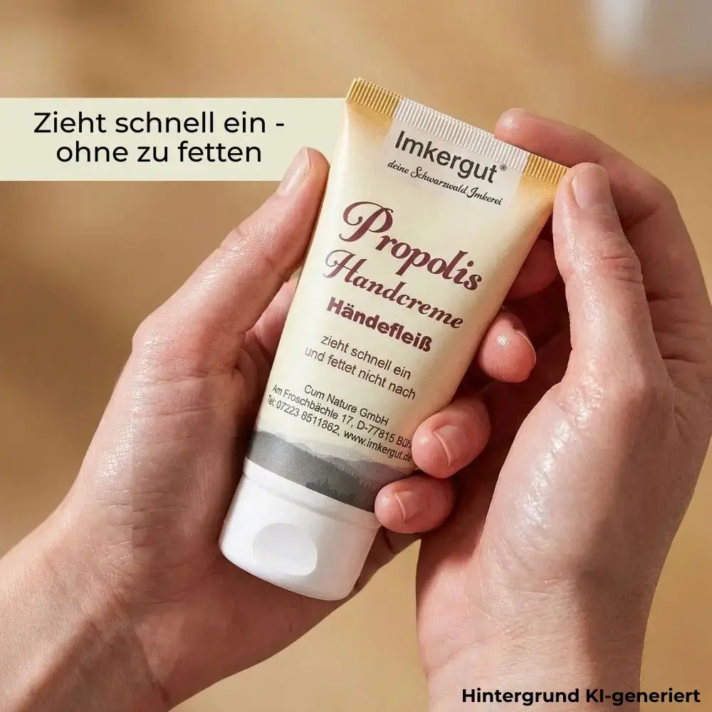 Propolis Handcreme wird in den Haenden gehalten, Symbol fuer schnelles Einziehen ohne fettige Rueckstaende im Alltag