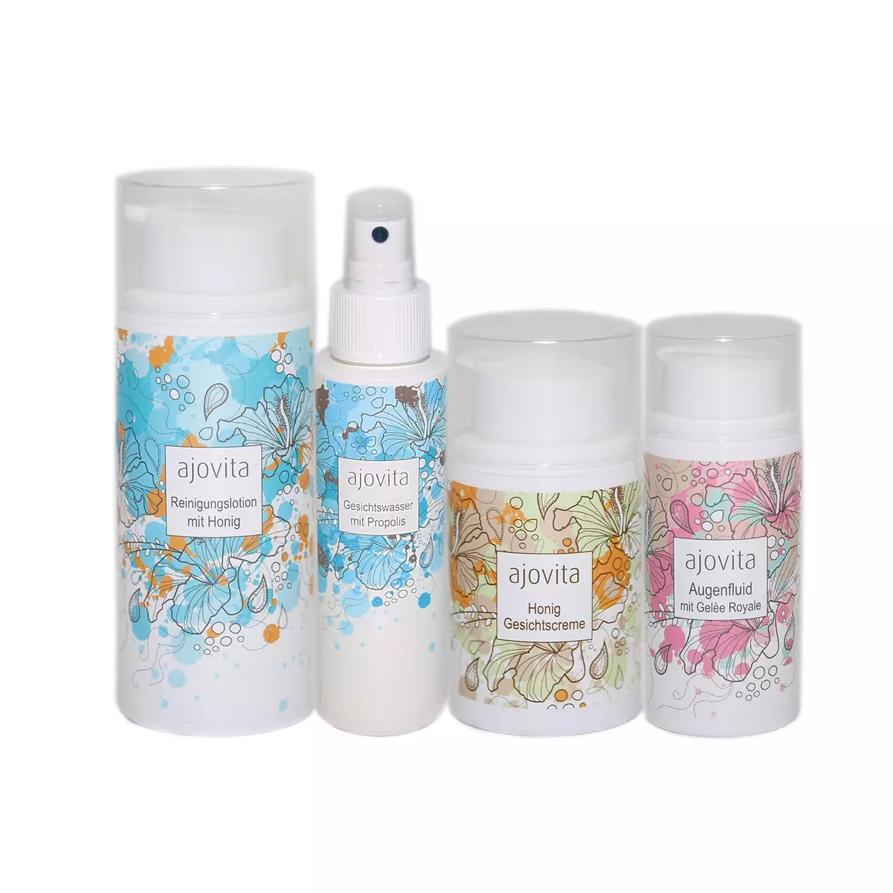 Reinigungslotion, Gesichtswasser, Honig-Creme & Augenfluid in einer Reihe