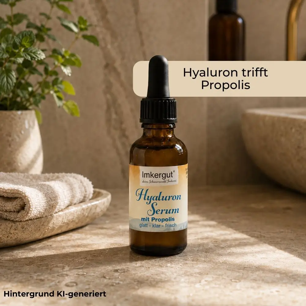 Imkergut Hyaluron Serum mit Propolis auf Naturstein im Badezimmer mit warmem Licht