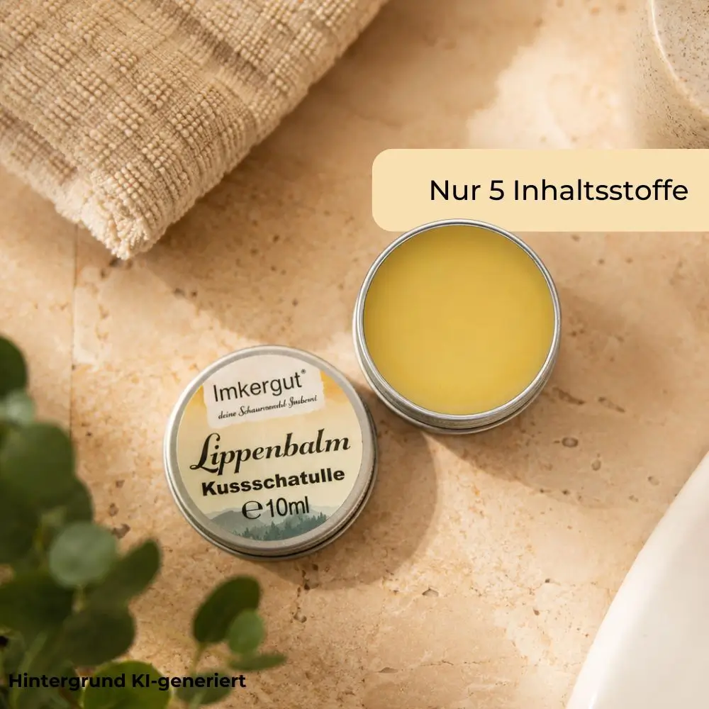 Imkergut Lippenbalsam Kussschatulle mit geöffneter Dose auf warmem Steinuntergrund in natürlichem Badezimmer-Ambiente.