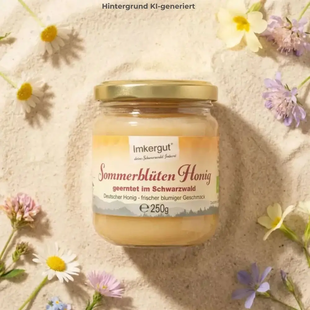 Sommerblütenhonig 250g, liegt mit verschiedenen Sommerblüten im Sand 