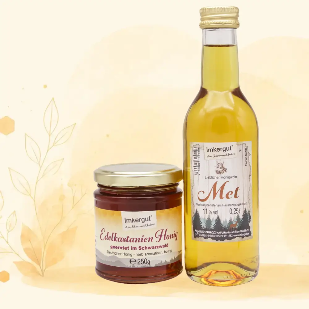 Set aus 250g-Glas Edelkastanienhonig mit 250ml-Flasche Met