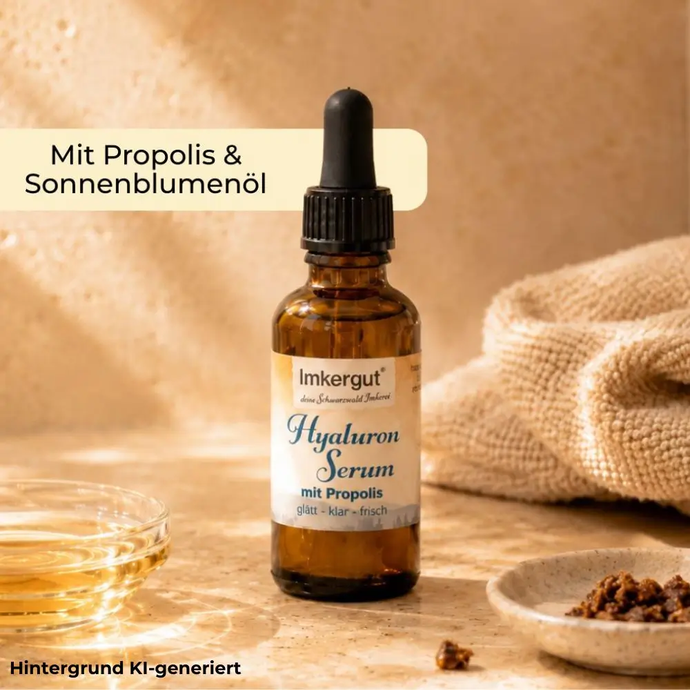 Imkergut Hyaluron Serum mit Propolis neben Sonnenblumenöl und Propolis in warmer Badezimmer-Szene