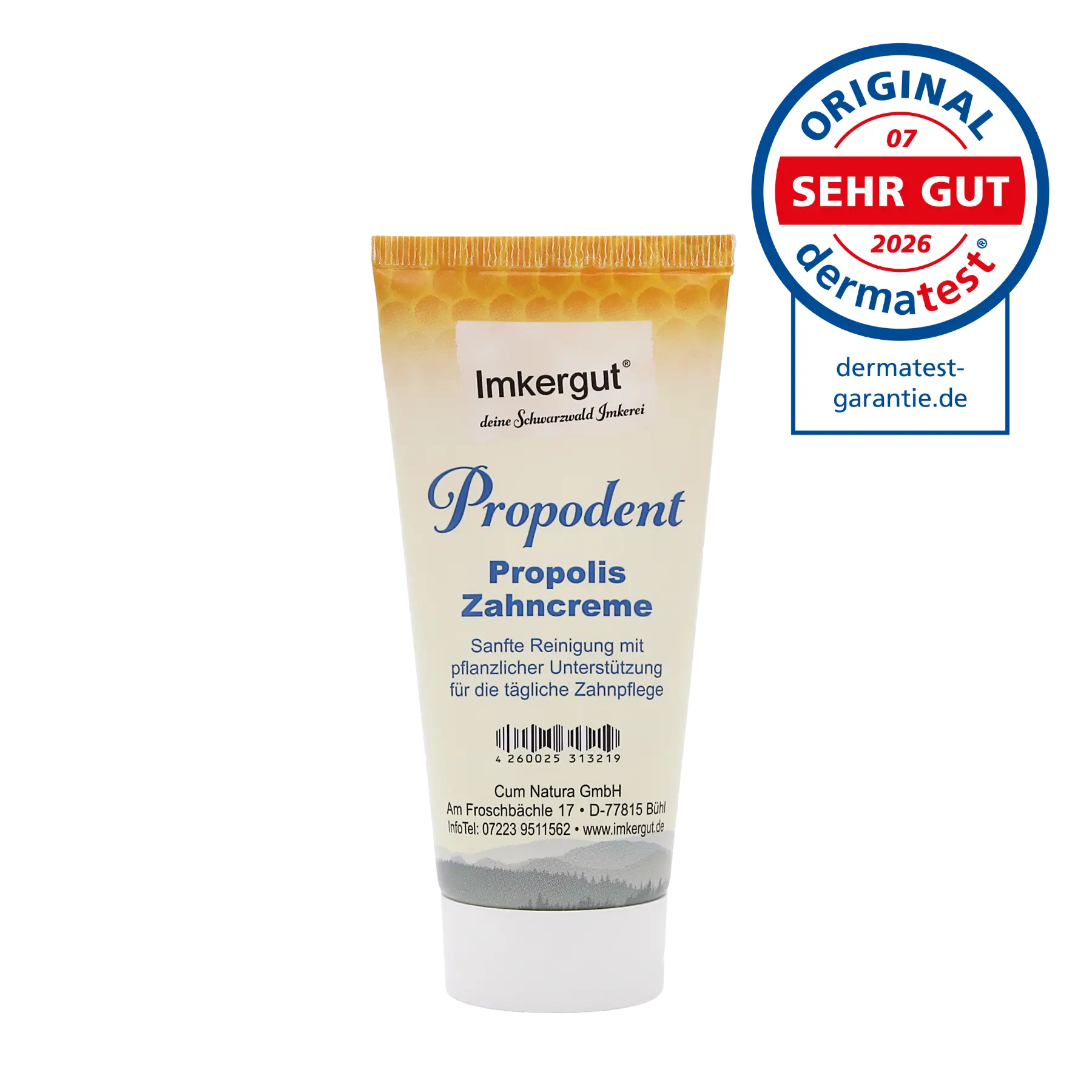 Eine Tube Propodent-Zahncreme, daneben das "Sehr gut"-Siegel von Dermatest