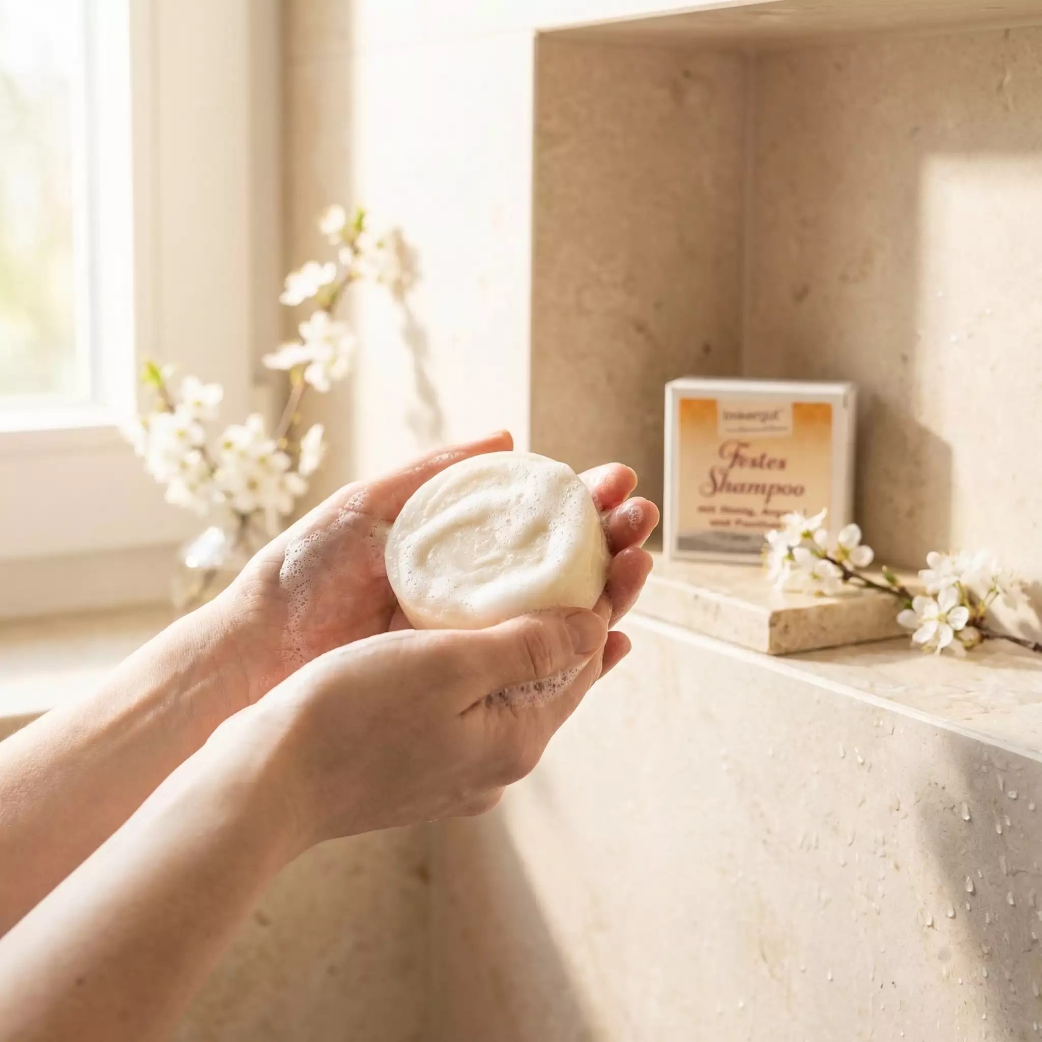 Festes Shampoo in der Hand schäumt auf  im Vordergrund. Im Hintergrund steht eine Verpackung des Shampoos und dekorative Kirschzeige
