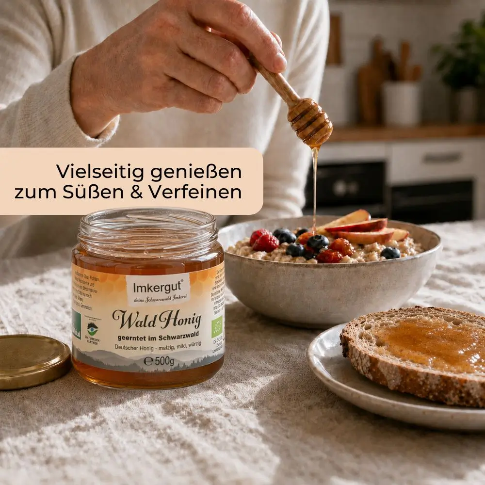 Imkergut Waldhonig 500g auf gedecktem Tisch mit Honiglöffel, Brot und Schale