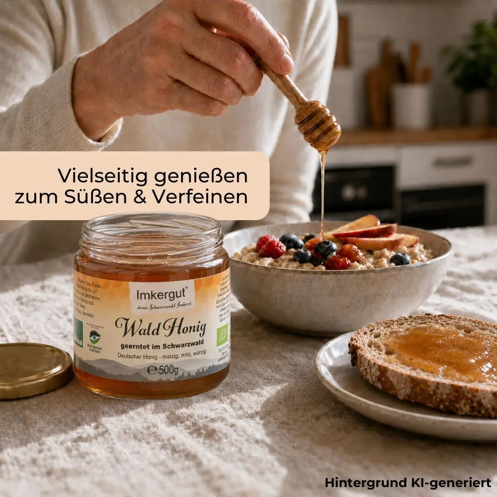 Imkergut Waldhonig 500g auf gedecktem Tisch mit Honiglöffel, Brot und Schale