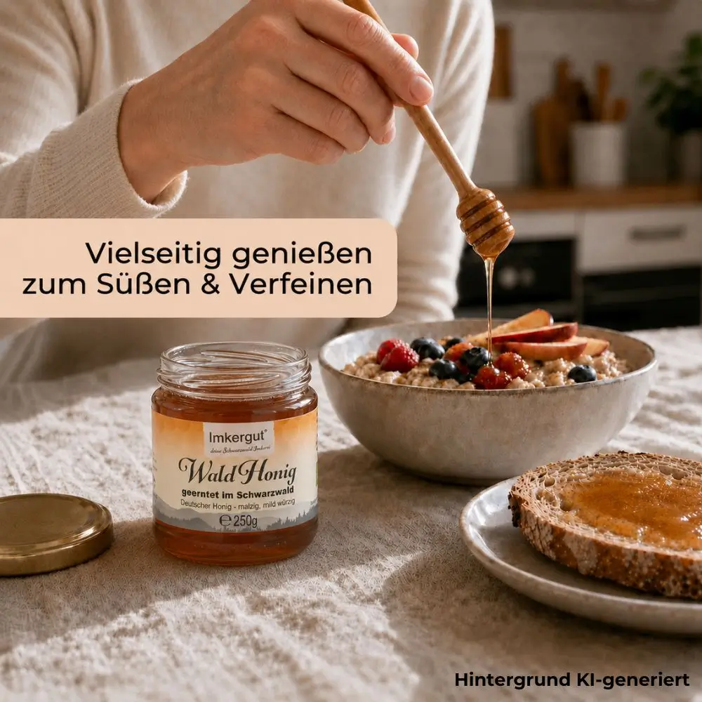 250-g-Glas Imkergut Waldhonig neben Frühstücksschale, Brot mit Honig und Honiglöffel, der Honig über das Müsli fließen lässt.
