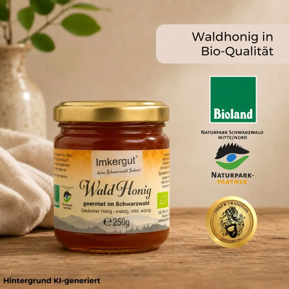 250-g-Glas Imkergut Waldhonig auf hellem Holztisch mit Bioland-Logo, Naturpark-Partner-Logo und Hinweis auf Tradition