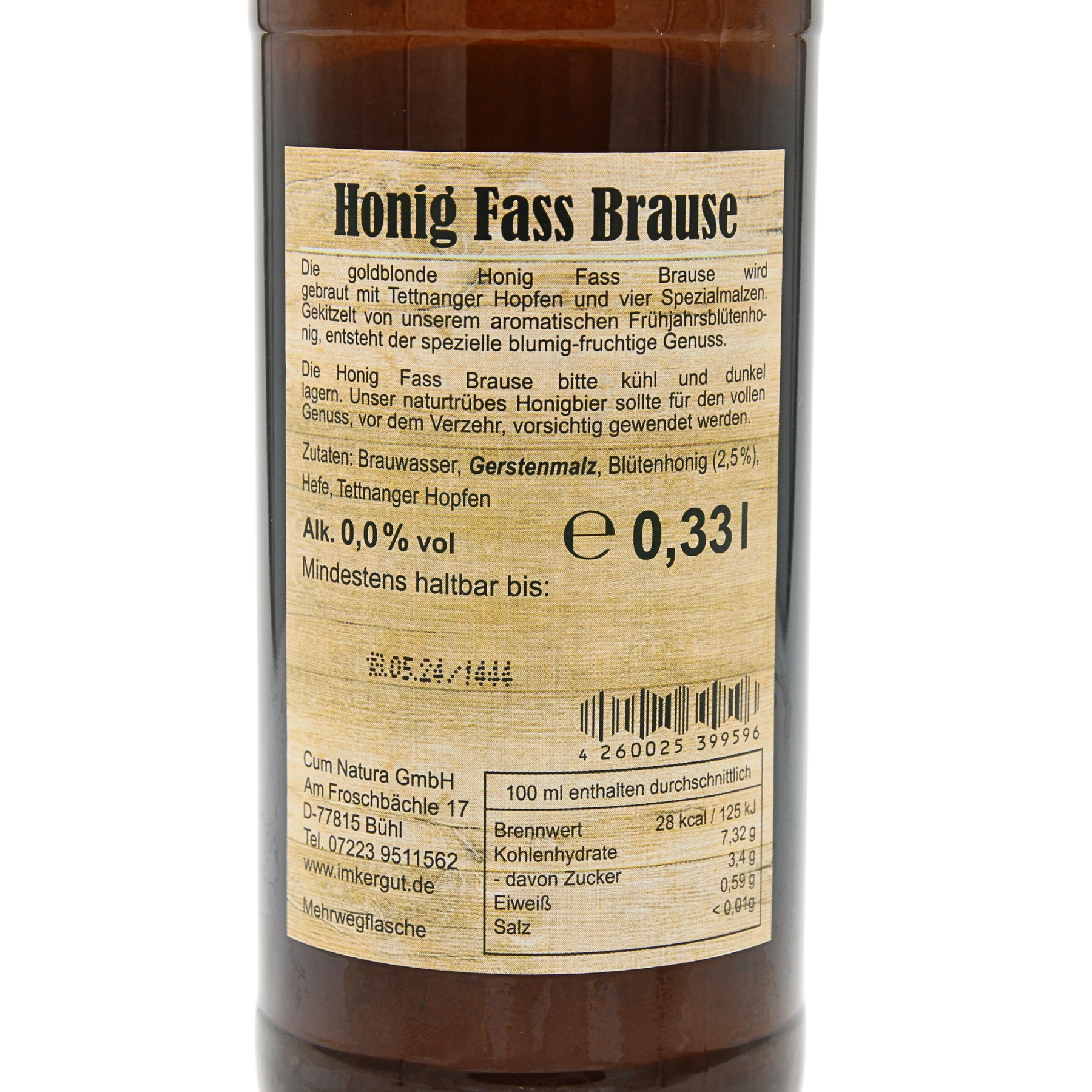 Honig Fass Brause 330 ml Flasche Rückseite
