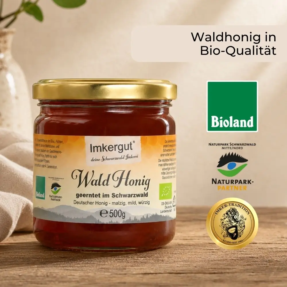 Imkergut Waldhonig 500g in Bio-Qualität mit Bioland-Siegel, Naturpark-Partner Logo und Imker-Tradition aus dem Schwarzwald.