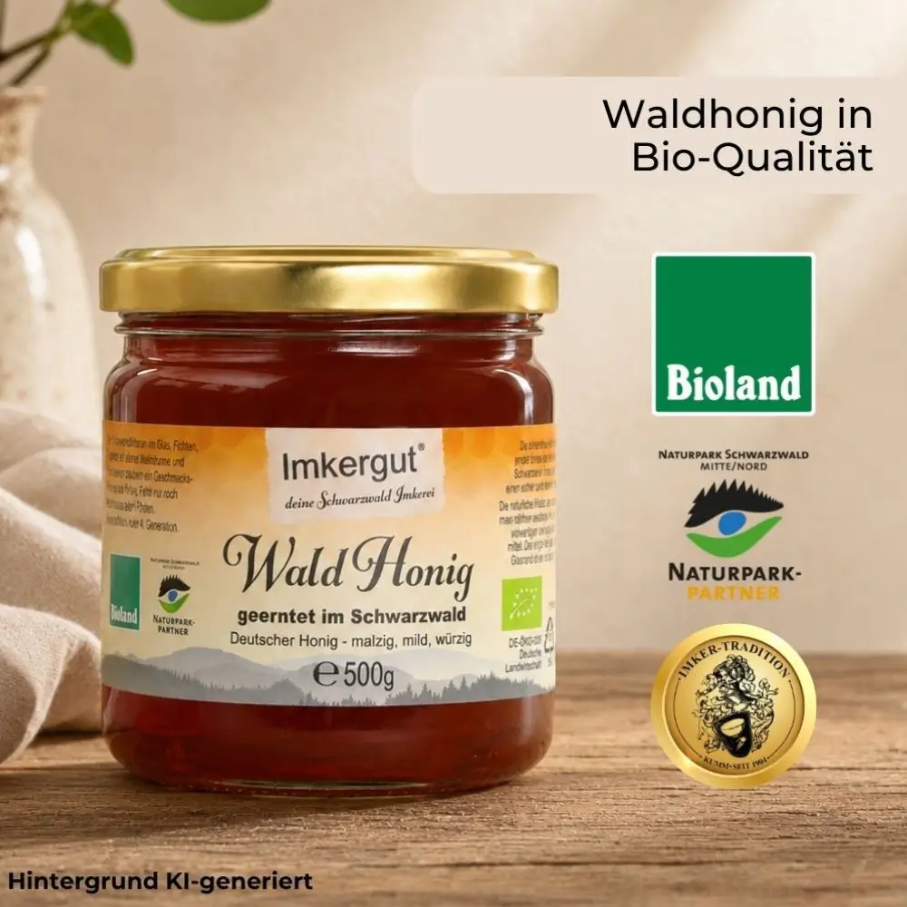 Imkergut forest honey with Bioland logo and others