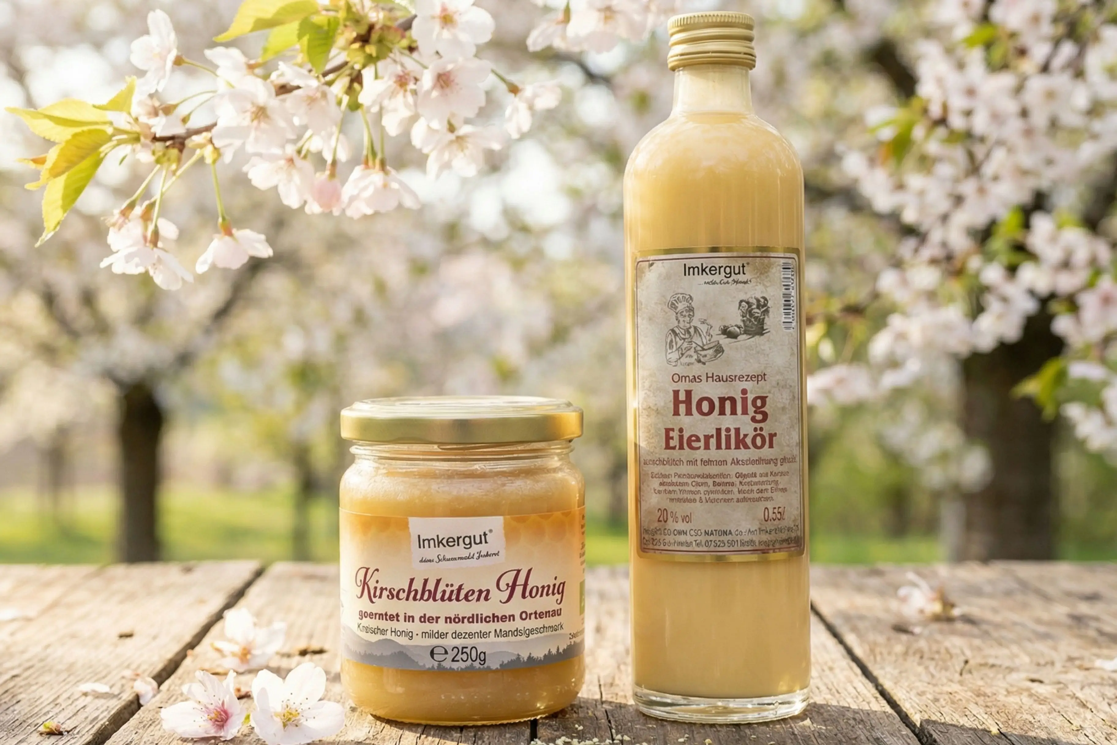 Ein Glas Kirschblütenhonig und eine Flasche Honig-Eierlikör auf einem Holztisch im Freien, im Hitnergrund Kirschbäume