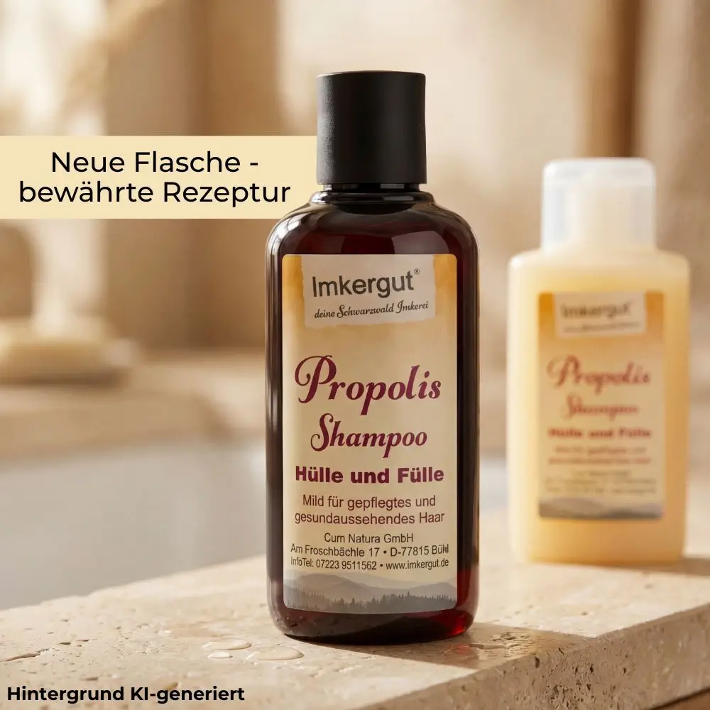 Braune Propolis Shampoo Flasche von Imkergut auf einer Steinoberfläche im Badezimmer, im Vordergrund scharf dargestellt. Im Hintergrund unscharf die ältere, hellere Flasche. Im Bild steht der Text „Neue Flasche – bewährte Rezeptur“.