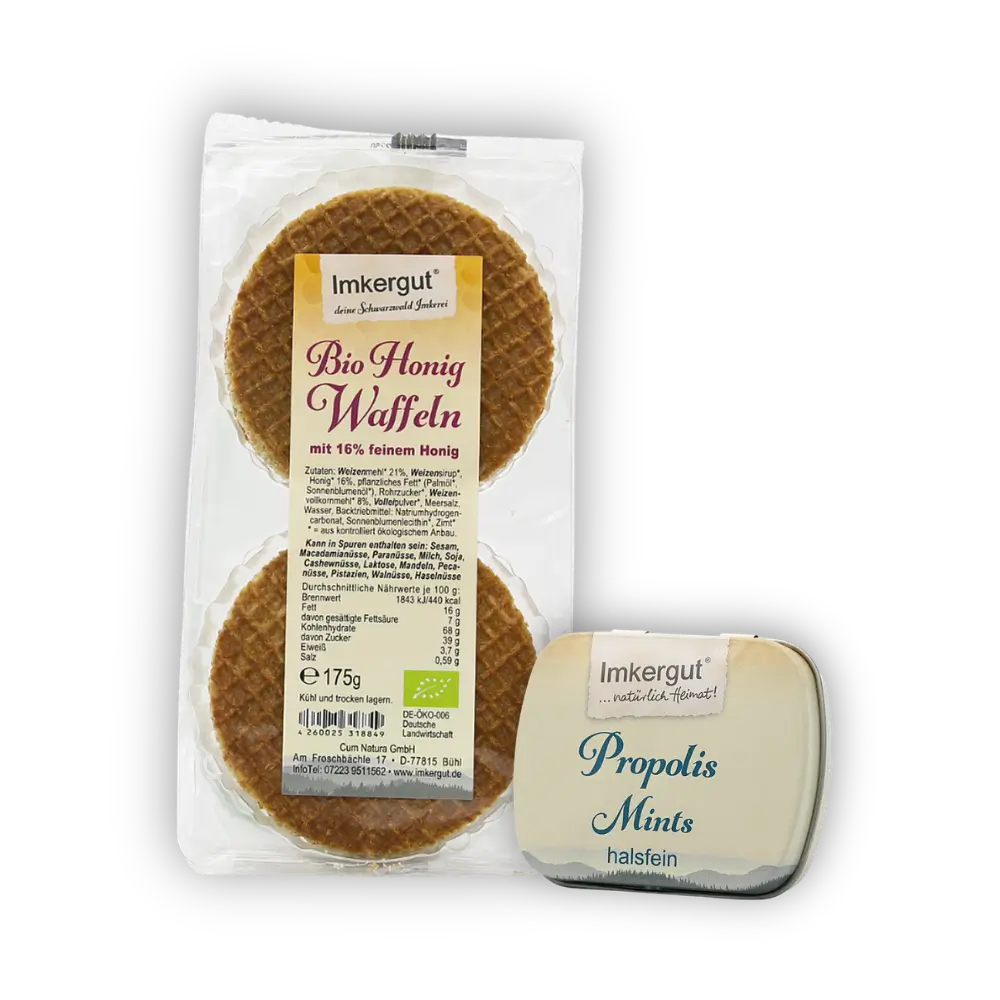Honig Waffeln und Propolis Mints nebeneinander