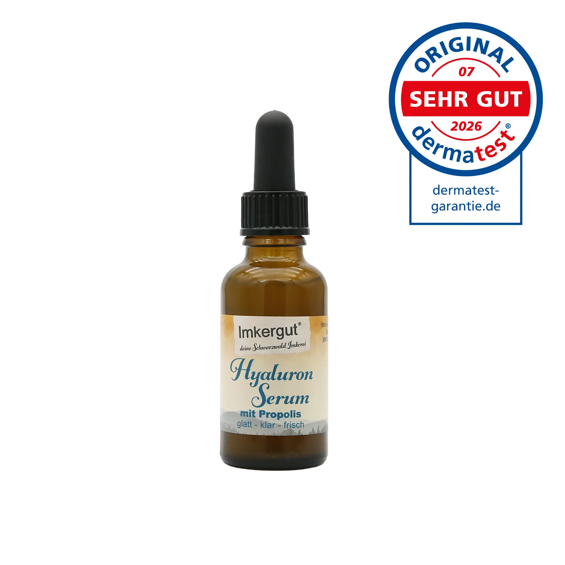 EinFläschchen Hyaluron-Serum, daneben das "Sehr gut"-Siegel von Dermatest