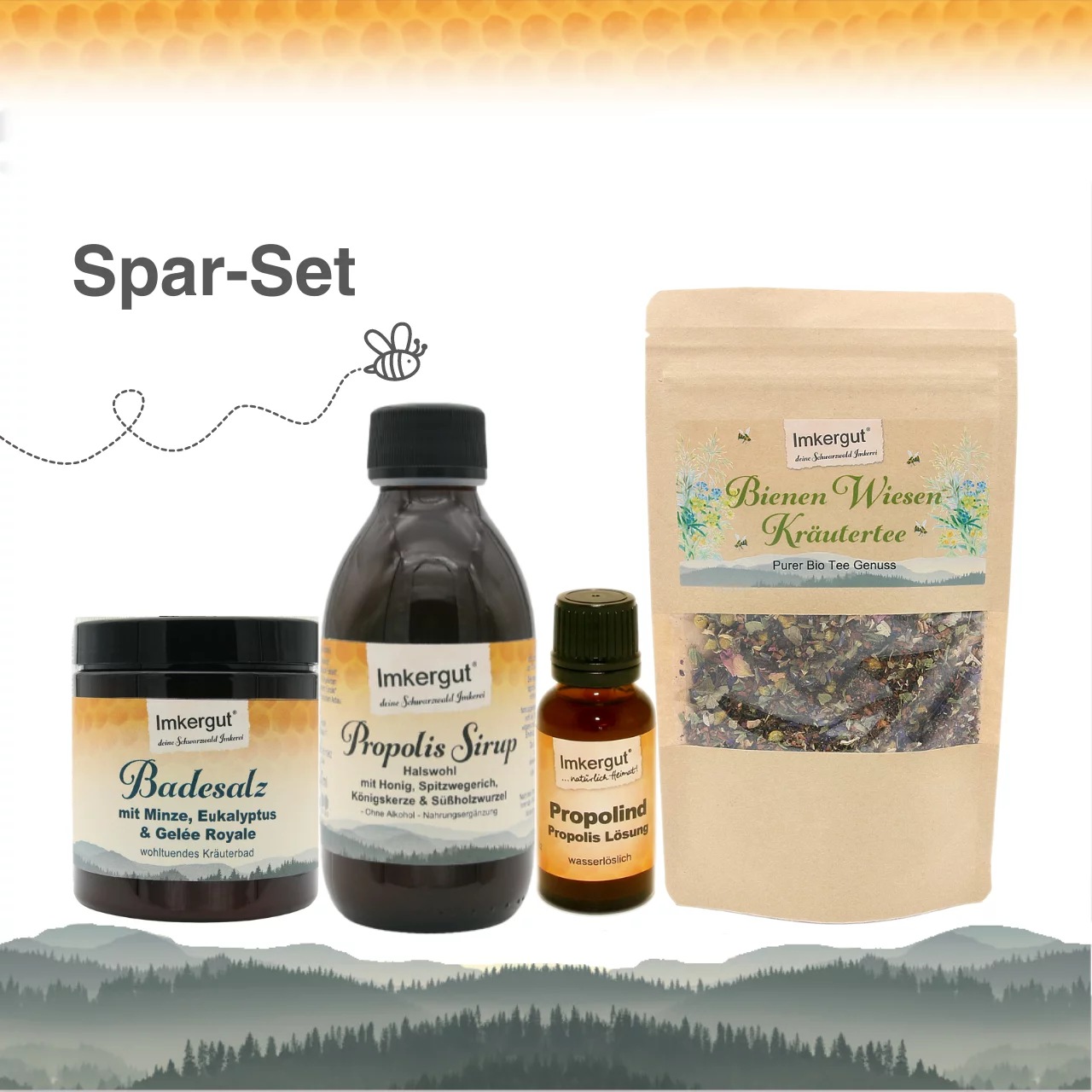 Winter-Booster-Set mit Propolis Sirup, Meersalzbad, Bienen Wiesen Kräuter Tee, Propolis Lösung