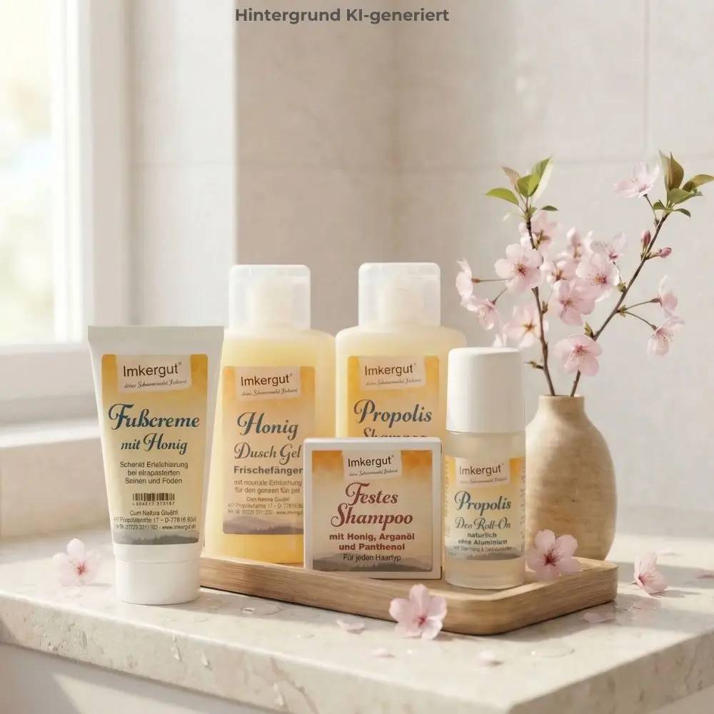 Pflegeprodukte von Imkergut mit Honig und Propolis – Fußcreme, Honig Duschgel, Propolis Shampoo und Deo Roll-On auf einer Holzablage neben Kirschblüten in einem hellen Badezimmer.