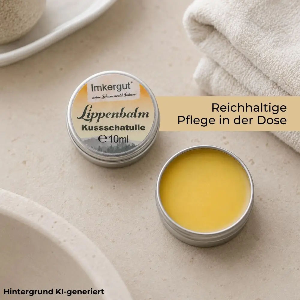 Geöffnete Imkergut Lippendose mit gelber Balm-Textur in einem hellen Badezimmer-Setting mit Handtuch im Hintergrund.