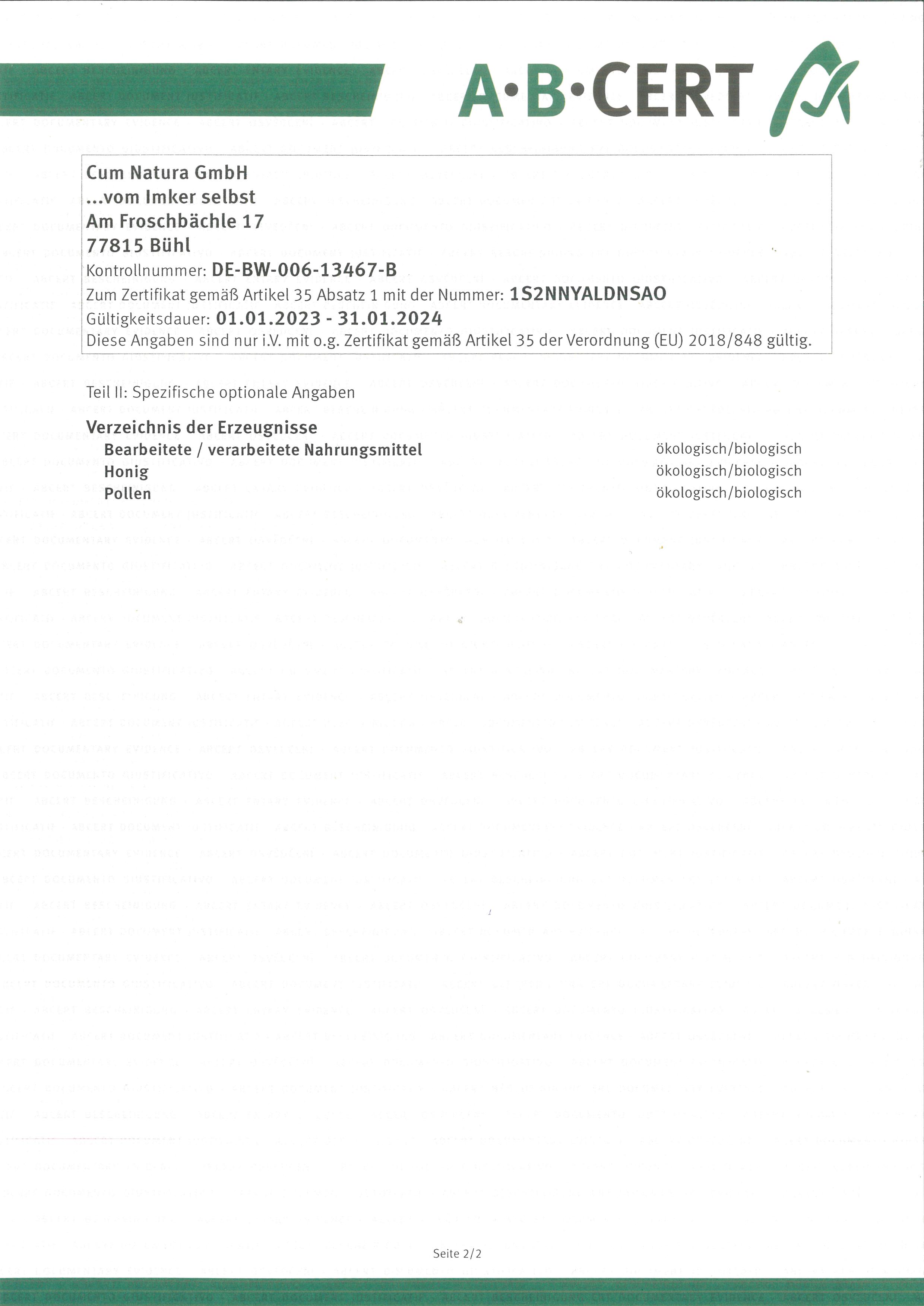 ökologisches Zertifikat 