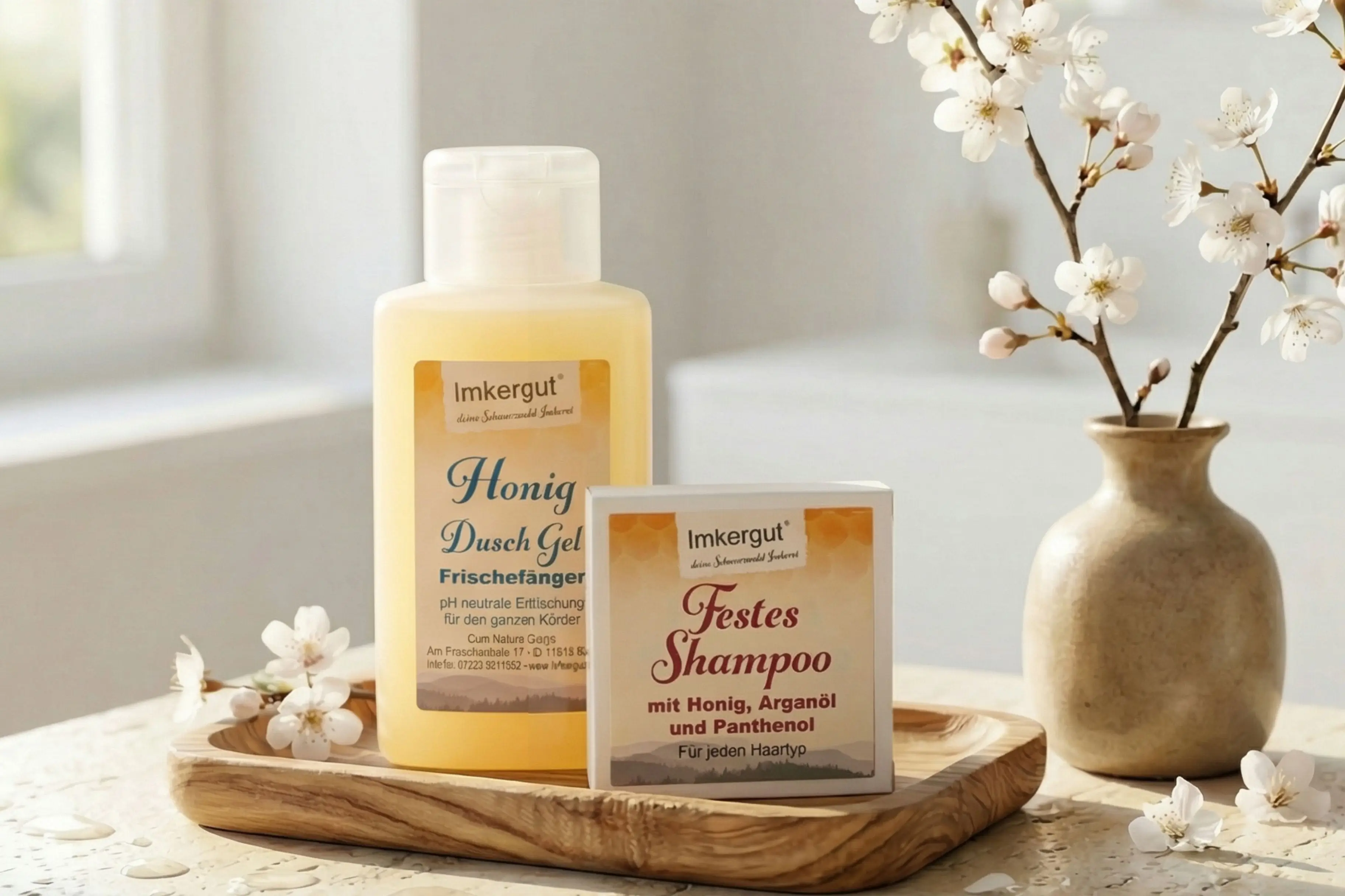 Duschgel und Shampoo im Set auf einem Holzbrett im Bad