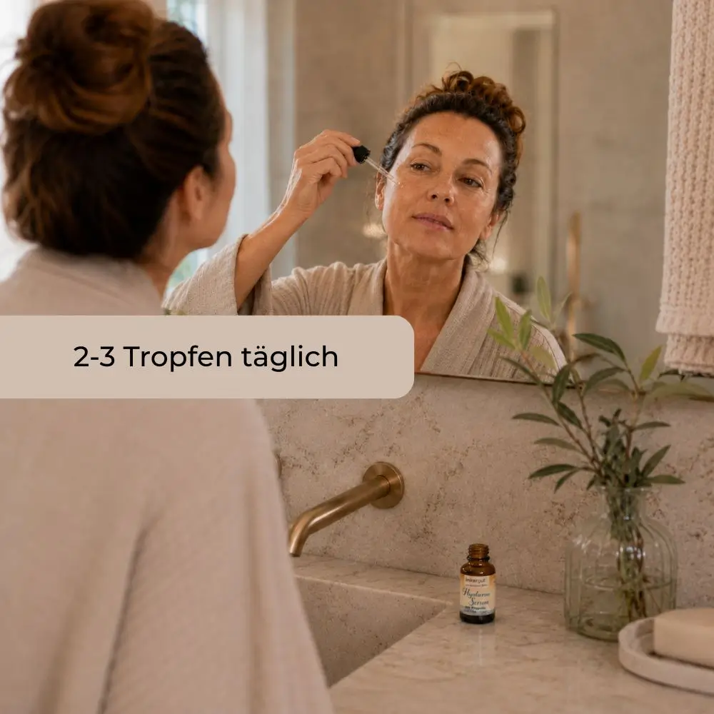 Frau trägt Imkergut Hyaluron Serum mit Pipette im Badezimmer auf die Gesichtshaut auf