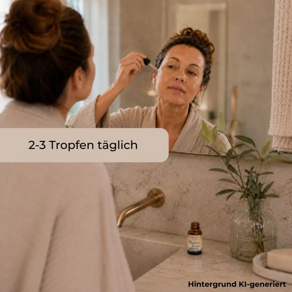 Frau trägt Imkergut Hyaluron Serum mit Pipette im Badezimmer auf die Gesichtshaut auf